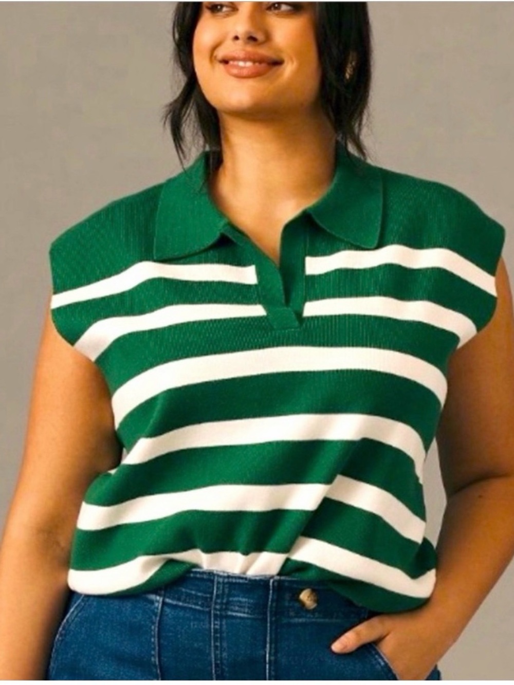 Maeve by Anthropologie Green & White Striped Sleeveless Polo Tank